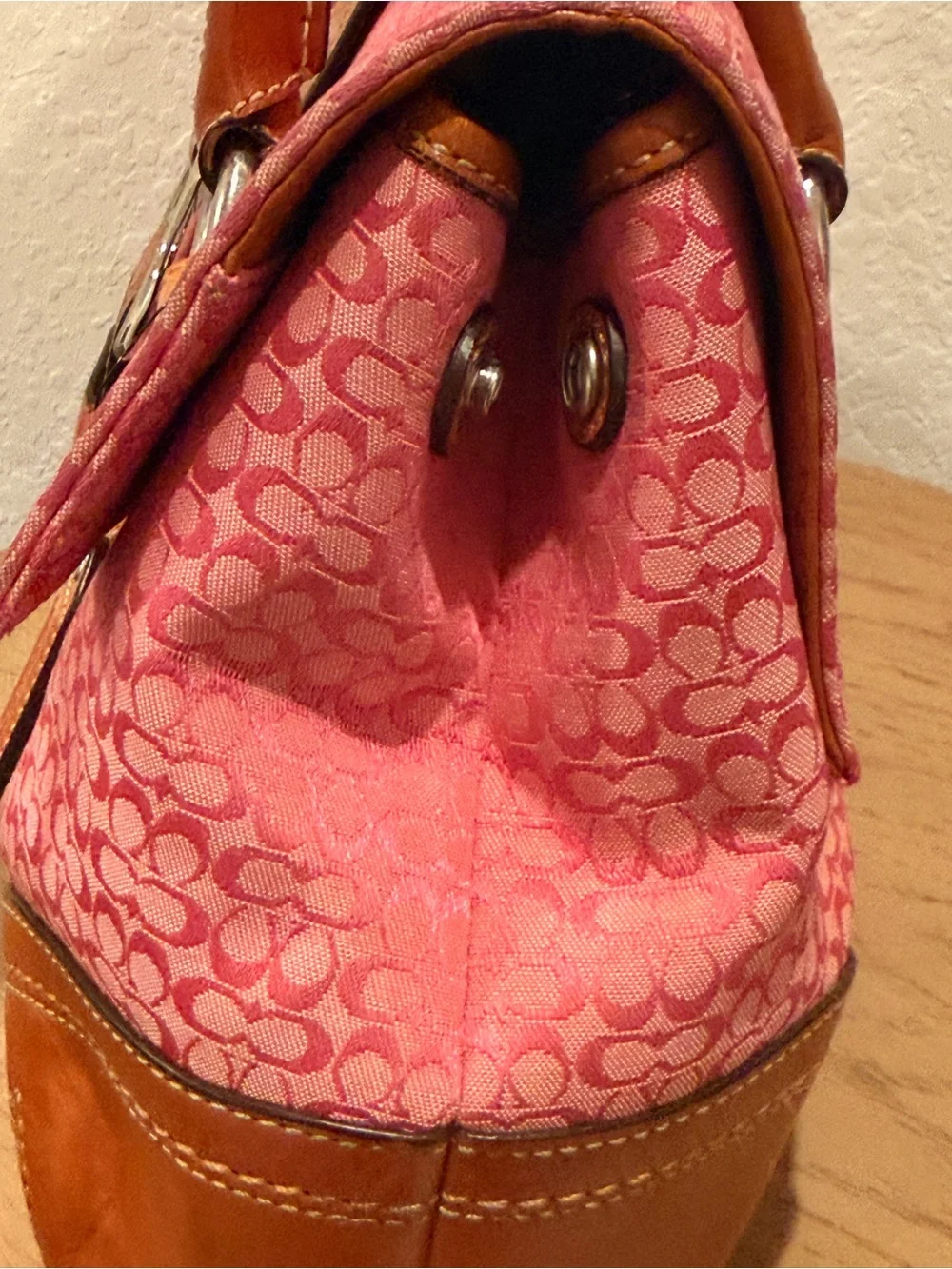 Coach Y2K Pink Canvas and Tan Leather Shoulder Satchel